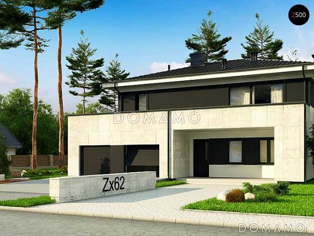 Проект современного двухэтажного дома из газобетона с четырьмя спальнями, кабинетом и большим гаражом