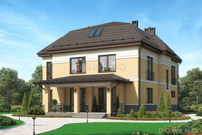 Проект двухэтажного особняка из газобетона с мансардой, балконом и террасой