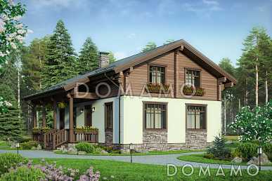 Проект дома с террасой, двумя спальнями на первом этаже, гостиной с кухней-столовой