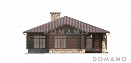 Проект одноэтажного дома с отделкой под брус и витражными окнами / Фасад 2