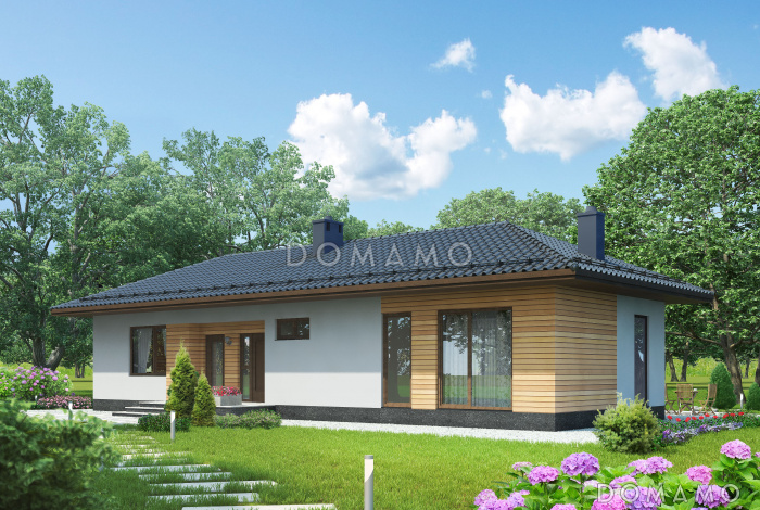 Проект одноэтажного дома из газобетона с большими окнами в гостиной