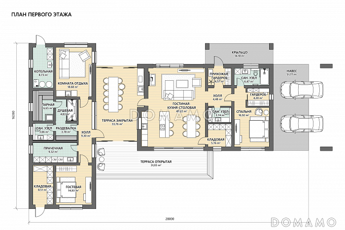 Проект одноэтажного каркасного дома с гостевой зоной, теплой верандой, мастер-спальней и навесом / План 1 этажа