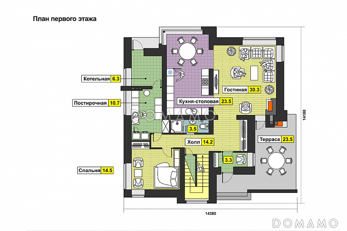 Проект загородного дома из СИП панелей в стиле финского минимализма / План 1 этажа