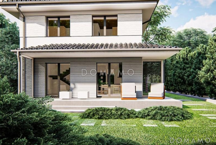 Проект современного двухэтажного дома с кабинетом, террасой, ванной с окном