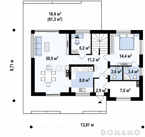 Проект  дома с подвалом, гостевой и кабинетом на первом этаже, хозяйской спальней на втором / План 1 этажа