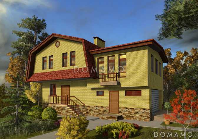 Проект одноэтажного дома с мансардным этажом и встроенным гаражом 