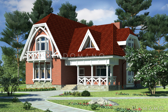 Проект дома одноэтажного дома из СИП панелей с мансардным этажом, эркером, балконами в спальне