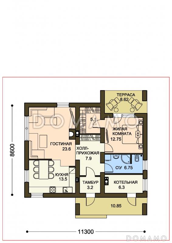 Проект небольшого одноэтажного дома с гардеробной и приватной террасой / План 1 этажа