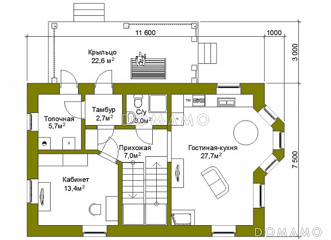 Проект компактного коттеджа с штукатуркой из SIP панелей. / План 1 этажа
