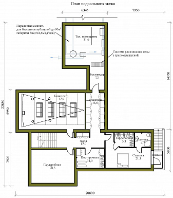 Проект крупномасштабного двухэтажного дома в стиле хай-тек с подвалом и бассейном / План цокольного этажа