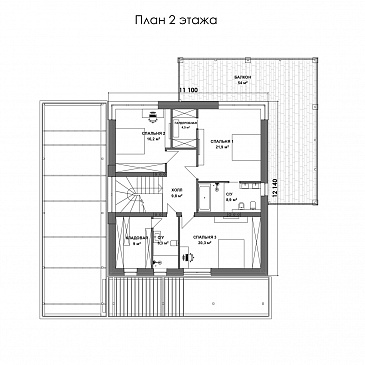 Проект двухэтажного дома с мастер-спальней, балконом и большой крытой террасой / План 2 этажа