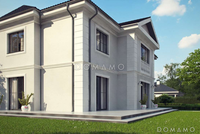 Проект большого двухэтажного дома из кирпича с четырьмя спальнями, гаражом, сауной и просторной дневной зоной