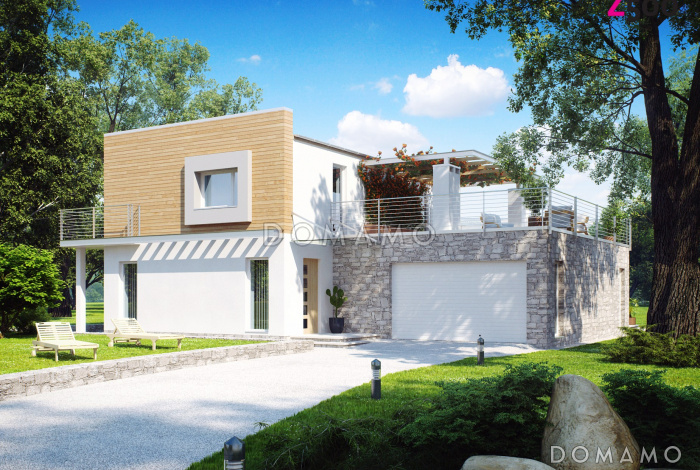 Проект современного двухэтажного дома с плоской крышей из кирпича с четырьмя спальнями, гаражом и просторной террасой над ним