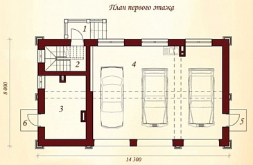 Проект гаража для трех автомобилей с жилыми комнатами на втором этаже / План 1 этажа
