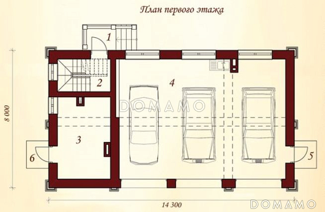 Проект гаража для трех автомобилей с жилыми комнатами на втором этаже / План 1 этажа