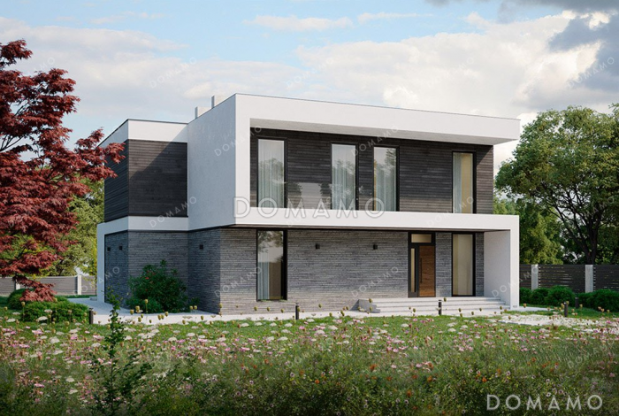 Проект двухэтажного дома с большой террасой и плоской крышей