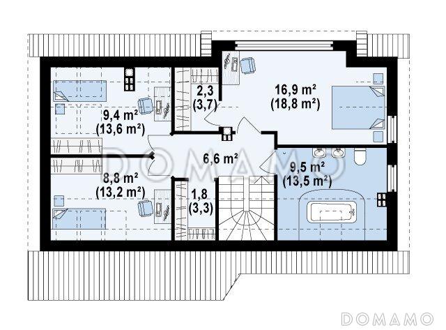 Проект одноэтажного мансардного дома из газобетона с гаражом и большим фронтонным окном / План мансардного этажа
