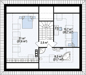 Проект одноэтажного дома из кирпича с тремя спальнями и небольшой крытой угловой террасой, с жилой мансардой / План мансардного этажа