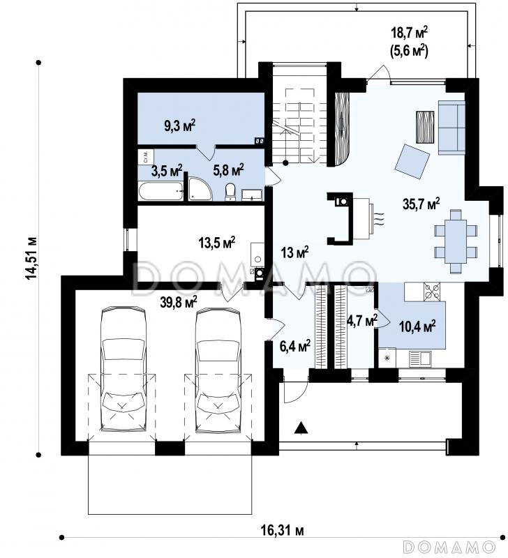 Проект современного двухэтажного дома из кирпича с четырьмя спальнями, сауной и большим гаражом / План 1 этажа