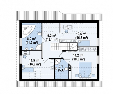 Проект одноэтажного мансардного дома из кирпича с тремя комнатами и кабинетом / План мансардного этажа