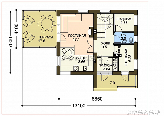Проект компактного белого коттеджа с террасой и большим балконом / План 1 этажа