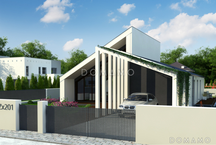 Проект комфортного одноэтажного дома с косой крышей, большими террасами, панорамным остеклением дневной зоны