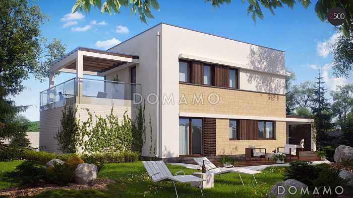 Проект современного двухэтажного дома из кирпича с плоской крышей с кабинетом, гаражом и крытыми террасами на обоих уровнях