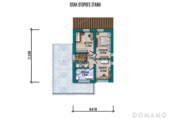 Проект двухэтажного дома с просторной террасой и плоской кровлей / План 2 этажа