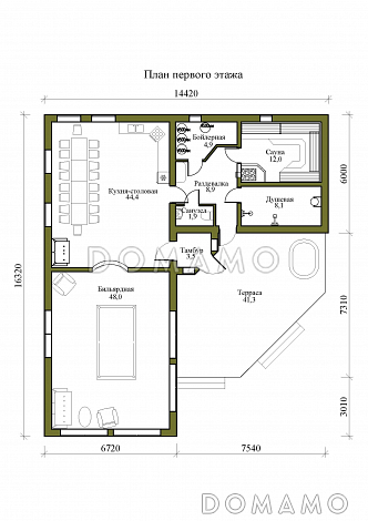 Проект одноэтажной бани с бильярдной и кухней-столовой / План 1 этажа