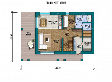 Проект двухэтажного дома с большой террасой и парной / План 1 этажа