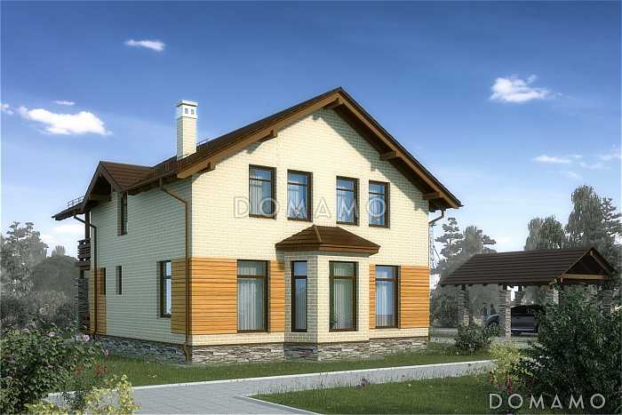 Проект коттеджа из белого клинкера с эркером и деревянными вставками