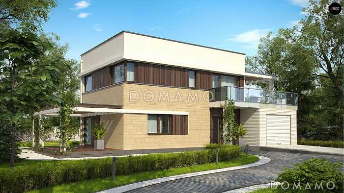 Проект двухэтажного дома из газобетона с четырьмя комнатами, с гаражом и террасой над ним