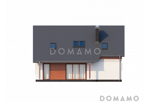 Проект одноэтажного дома из кирпича с мансардой облицованной натуральным деревом со встроенным гаражом / Фасад 4