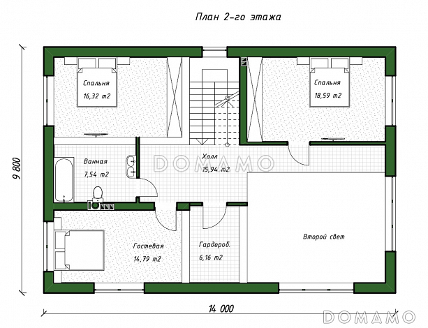 Проект дома с четырьмя спальнями, вторым светом в гостиной и гардеробными на обоих этажах / План 2 этажа