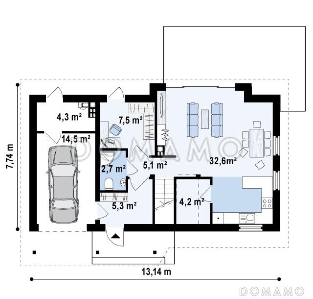 Проект одноэтажного мансардного дома из кирпича с гаражом и большим фронтонным окном / План 1 этажа