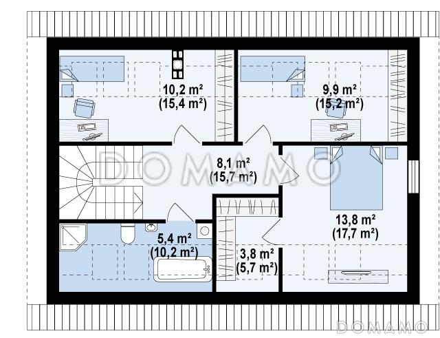 Проект одноэтажного мансардного дома из газобетона с большим техническим помещением и тремя спальнями / План мансардного этажа