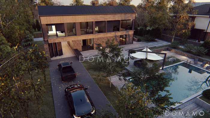 Проект двухэтажного дома с гаражом, кладовой, гардеробной в прихожей, кабинетом, хозяйской спальней