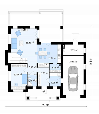 Проект современного двухэтажного дома из кирпича с четырьмя комнатами, гаражом и зимним садом на втором этаже / План 1 этажа