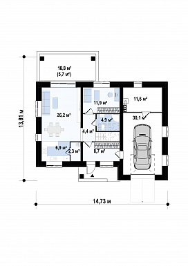 Проект двухэтажного дома из газобетона с гаражом, кабинетом, террасой / План 1 этажа