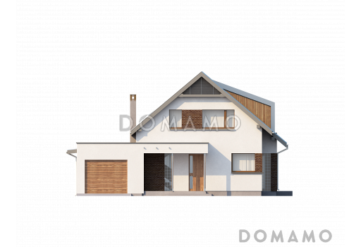 Проект современного одноэтажного мансардного дома из кирпича с тремя комнатами, угловой террасой и гаражом / Фасад 1