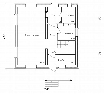 Проект компактного коттеджа с мансардным этажом и навесом под автомобиль, с наличием сауны / План 1 этажа