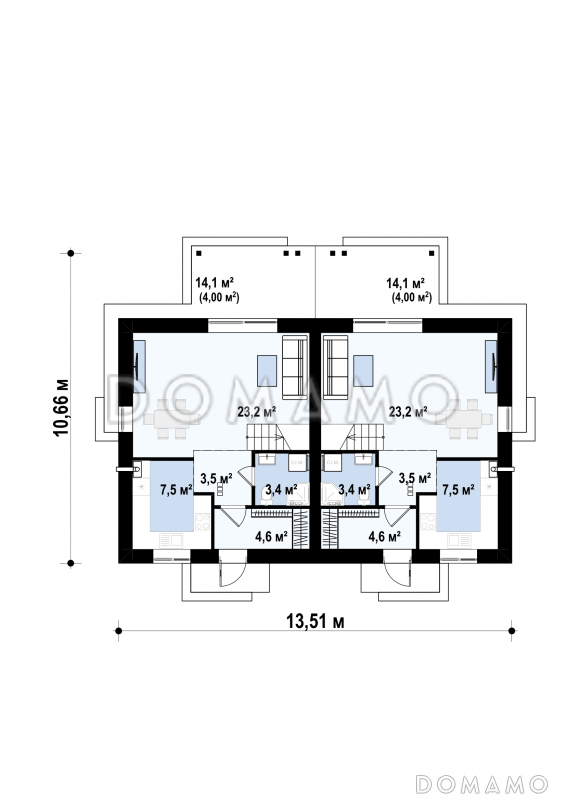 Проект двухсемейного дома из кирпича с 3 спальнями на мансарде / План 1 этажа