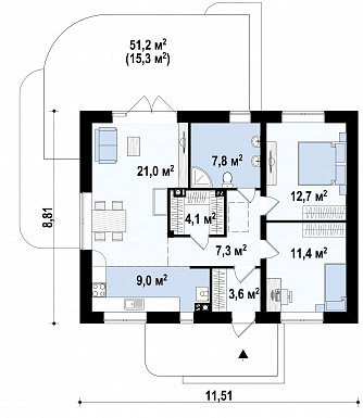 Проект компактного одноэтажного дома из кирпича с двумя спальнями и большой угловой открытой террасой / План 1 этажа