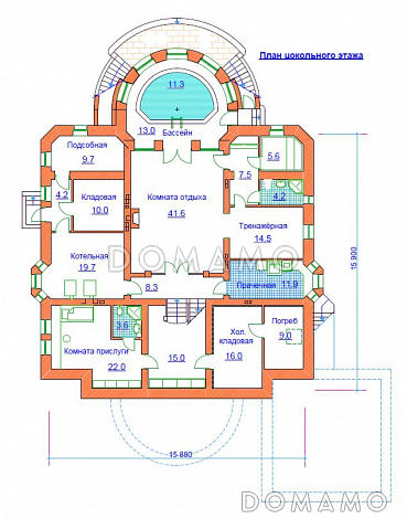 Проект жилого дома с небольшим бассейном на цокольном этаже / План цокольного этажа