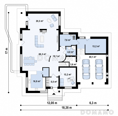 Проект просторного мансардного коттеджа из кирпича с пятью спальнями, кабинетом и гаражом / План 1 этажа