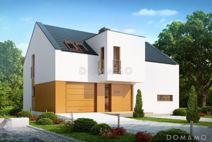 Проект одноэтажного мансардного дома из кирпича с прямоугольным выступом на втором уровне