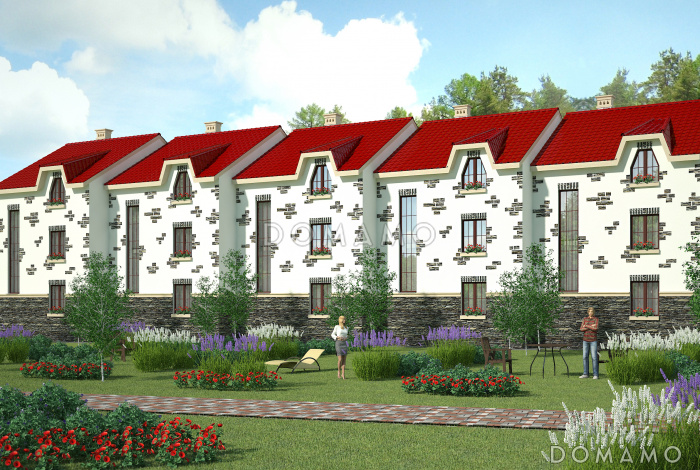 Проект необычного таунхауса с эркером и кукушками на крыше