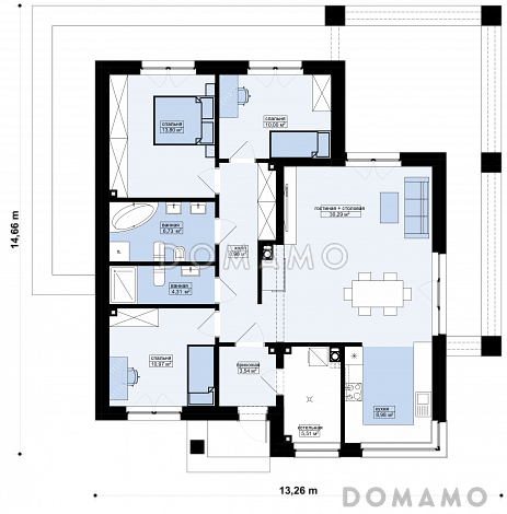 Проект дома из газобетона с террасой, панорамными окнами и плоской крышей / План 1 этажа