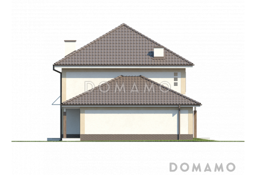 Проект двухэтажного дома из кирпича с эркером и балконом над ним, с тремя спальнями, кабинетом и гаражом / Фасад 1