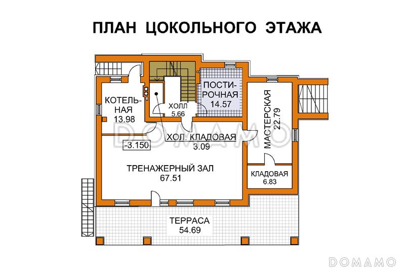 Проект дома из кирпича для неровных участков / План цокольного этажа